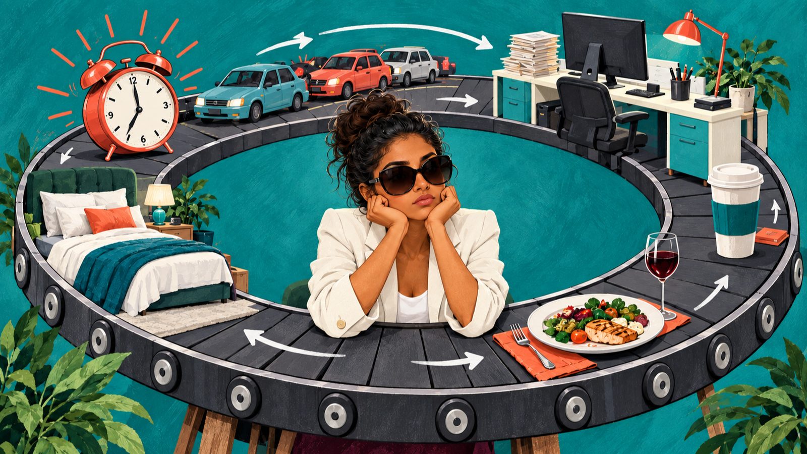 Nikki J in sunglasses and a cream blazer, sitting in the middle of a looping track of her day: alarm clock, traffic, office desk, coffee, dinner, bed, and back again