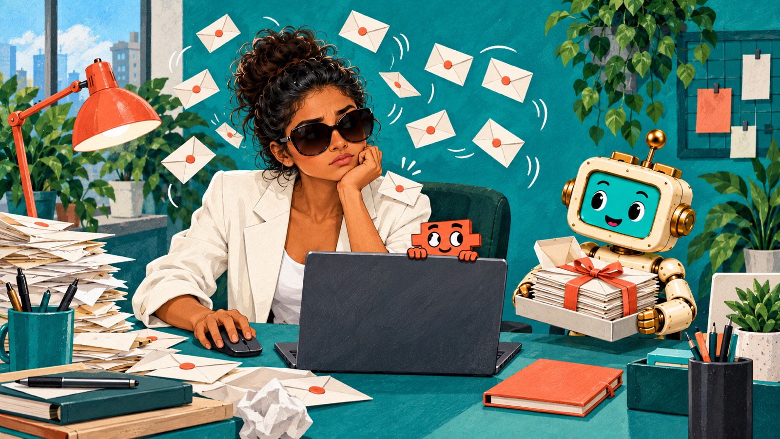 Nikki J at her desk in sunglasses, giving a tired look to a swarm of envelopes buzzing around her head. Beside her, Flex the robot holds a tidy tray of sorted mail tied with a ribbon, and Clawd peeks over the top of her laptop.