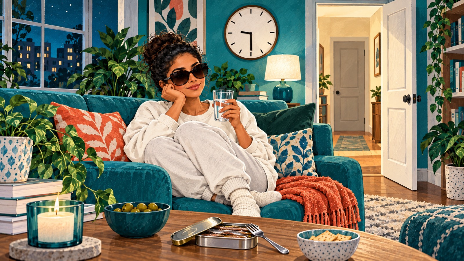 Nikki J at home on a teal couch at night, in a cream sweatshirt and sunglasses, holding a glass of water. An open tin of anchovies sits on the table, the wall clock reads 9:30, and a door stands open behind her.