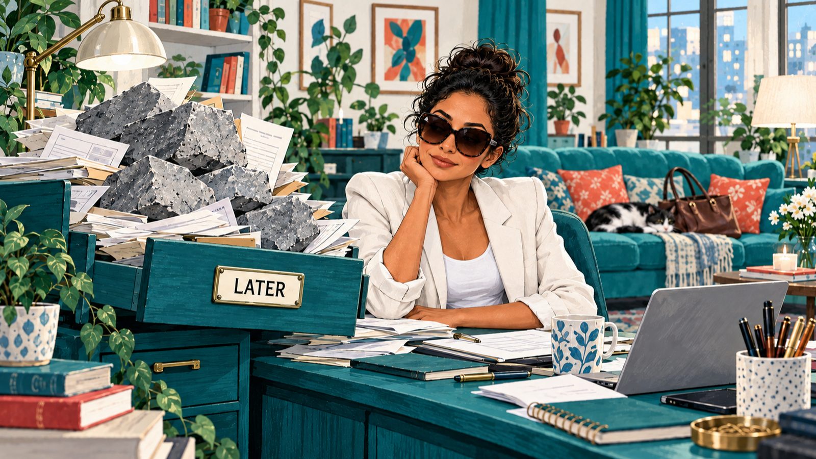 Nikki J in sunglasses smiling at her desk next to an open drawer labeled LATER, stuffed with papers and heavy rocks